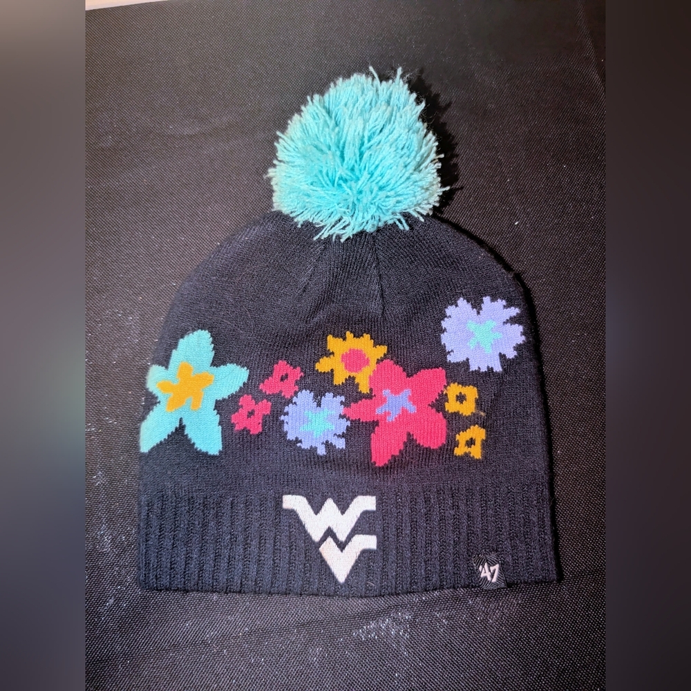 47 Brand Youth Floral Navy Knit Beanie with Pom West Virginia Mountaineers
